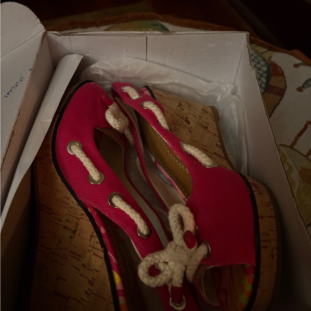 Sperry Pink Canvas Wedges with Cork Sole